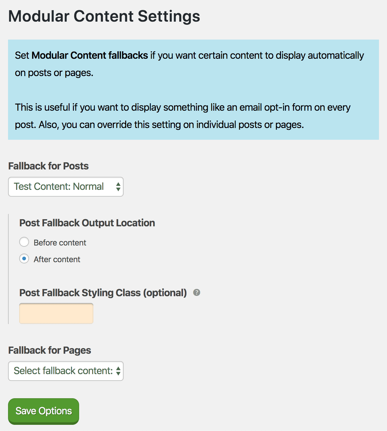 Modular Content settings page